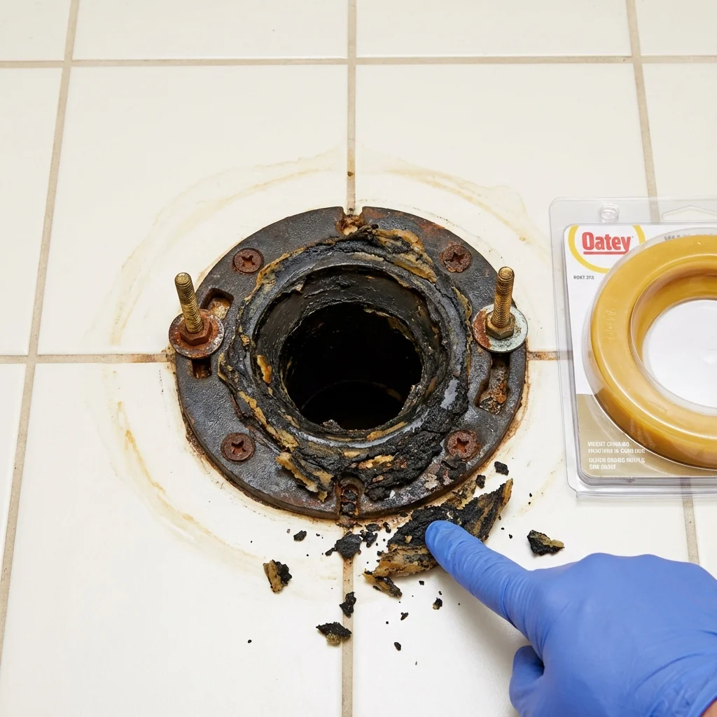 Failed wax ring showing water seepage at the base of a toilet in a Fulton, NY home