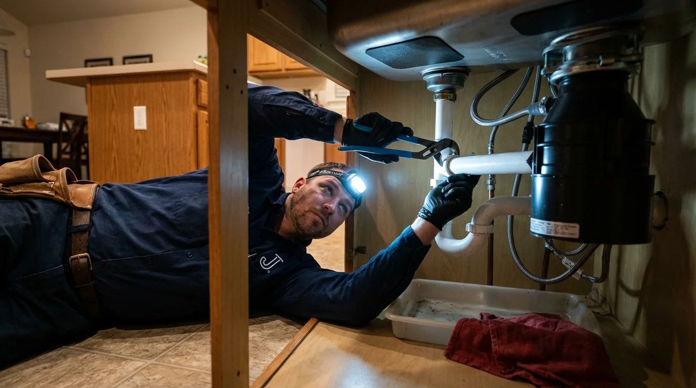 P-trap and supply line connections under a kitchen sink showing a common leak point in Fulton, NY